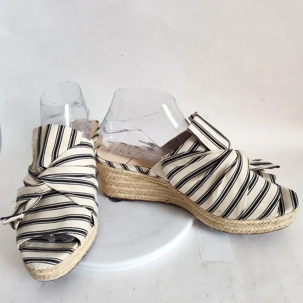 Sole‎ Society Mules Size 9 Slides Linen Cream Blue Striped Bow Flats Closed Toe
